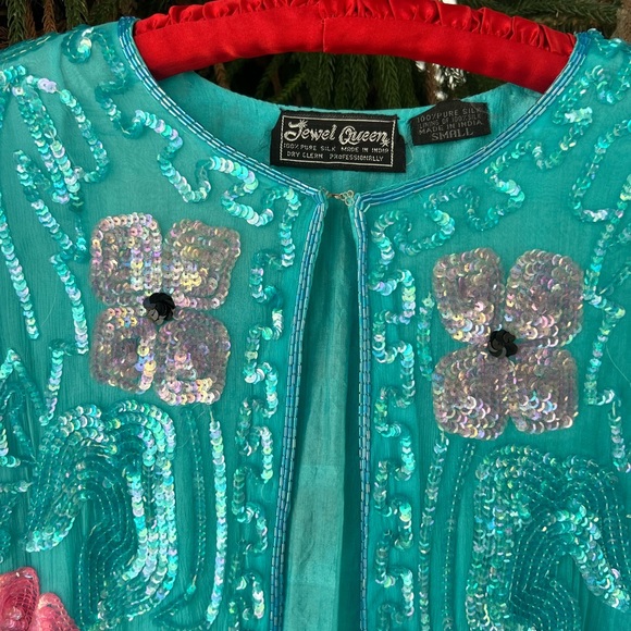 Turquoise Pink 100% Silk Floral Sequin Short Jacket | Hand Embroidered | Small - Picture 3 of 16